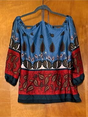 LOFT Off-Shoulder Paisley Blouse in Blue and Red size L